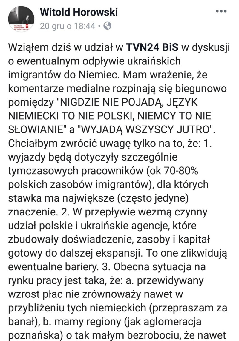 Witold Horowski, Facebook, screenshot