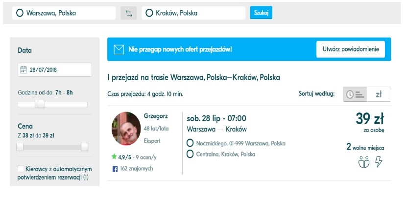 Blablacar, printscreen Warszawa - Kraków, 28.07.2018