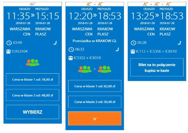 PKP Intercity, printscreen Warszawa - Kraków, 28.07.2018