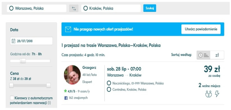 Blablacar, printscreen Warszawa - Kraków, 28.07.2018