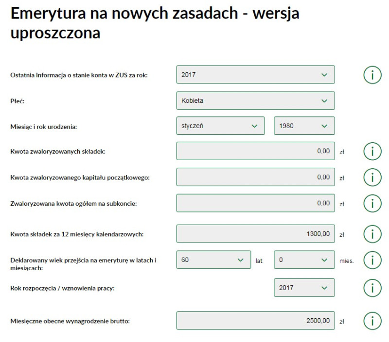 Screen shot, ZUS, kalkulator emerytalny
