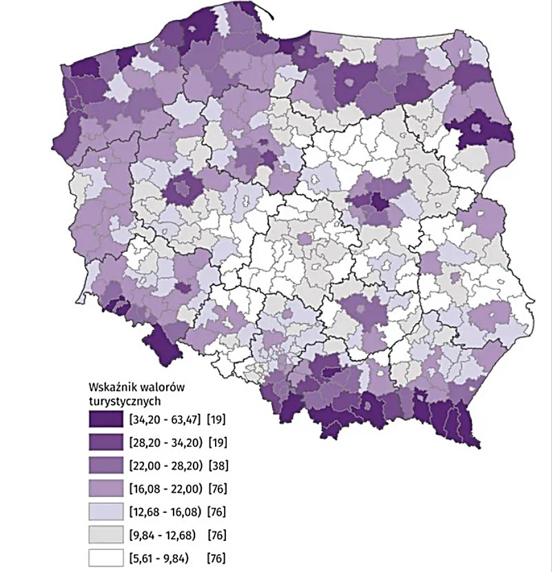 Мапа туристичної привабливості повітів у Польщі