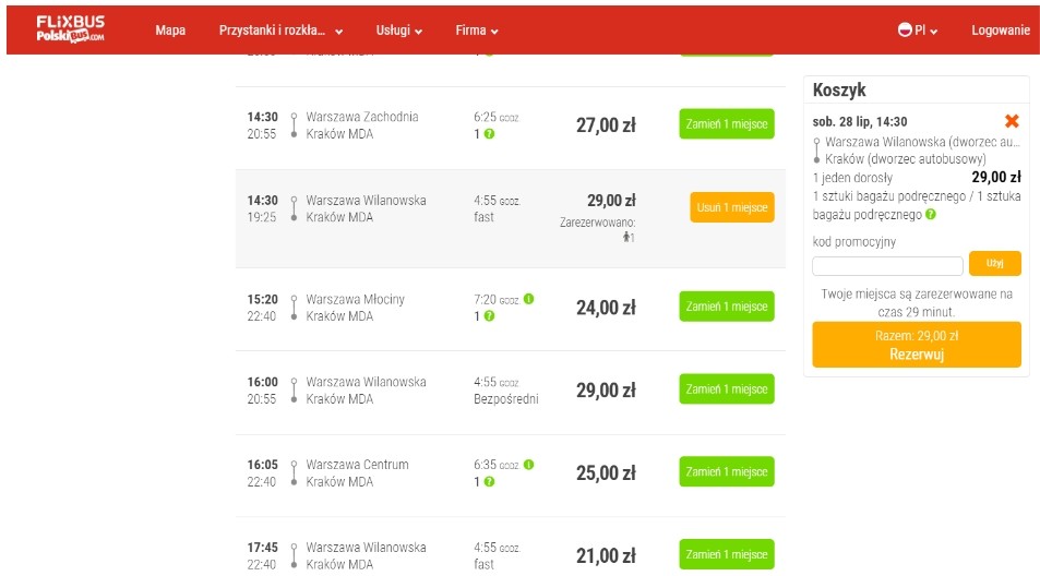 polskibus, printscreen Warszawa - Kraków, 28.07.2018