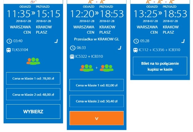 PKP Intercity, printscreen Warszawa - Kraków, 28.07.2018